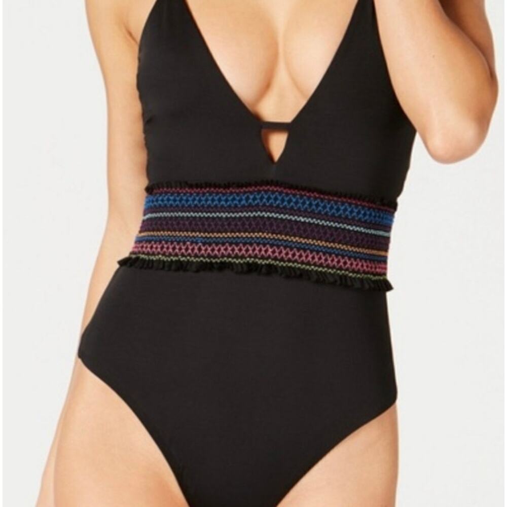 Bar III Smocking Solids Black Embroidered One-piece Swimsuit size Small